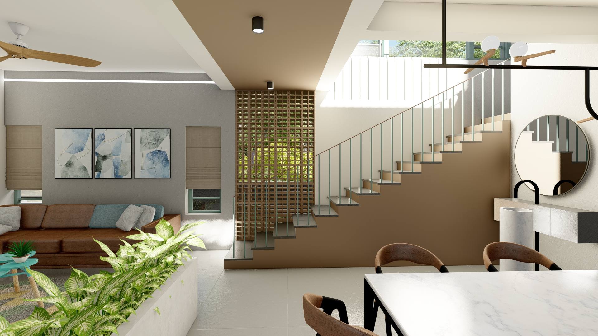 Double-height living room with staircase